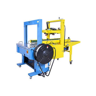 Carton packaging with a gluing machine and strapping machine link